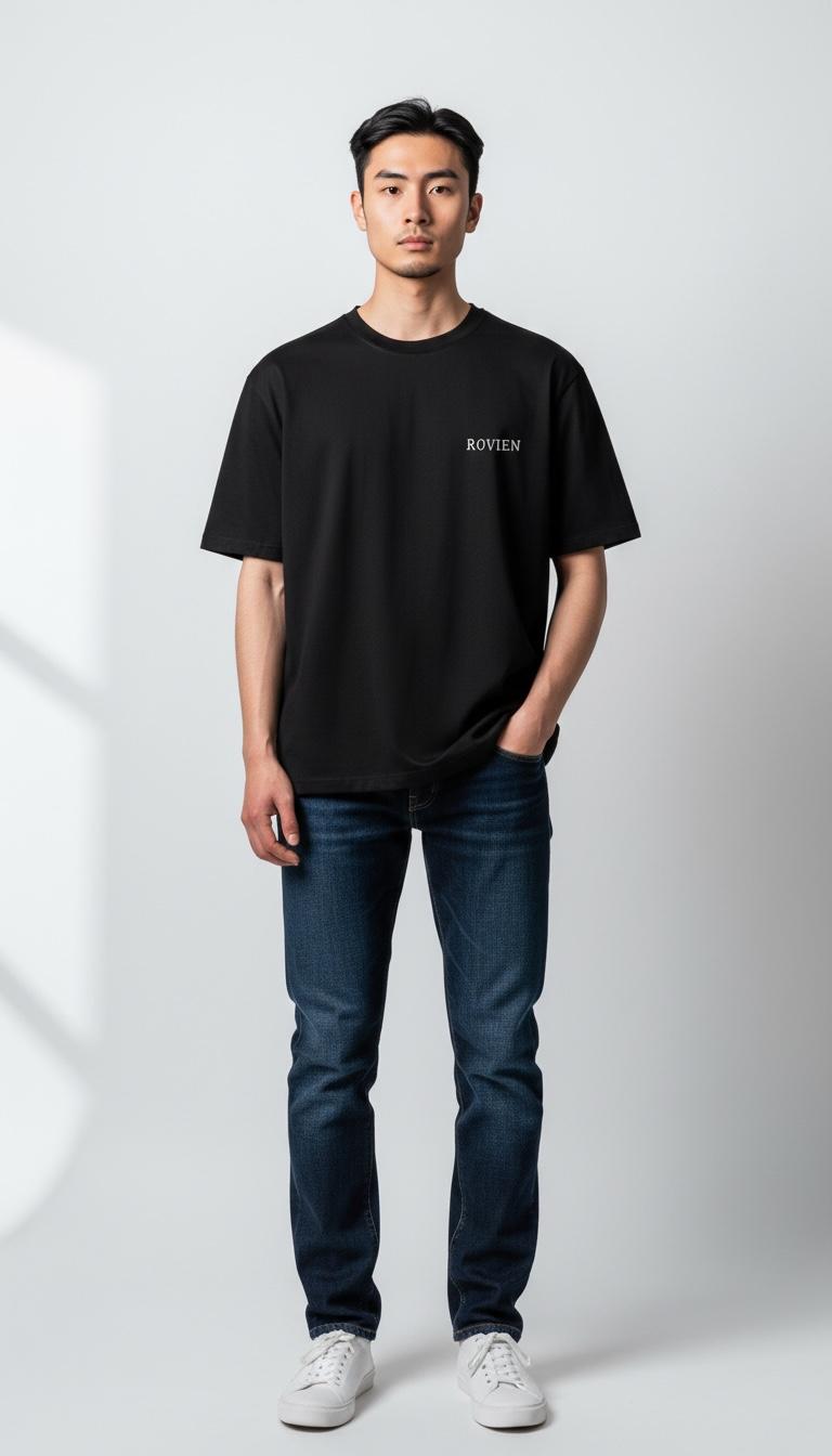 Rovien Siyah Nakış Detaylı Oversize T-Shirt