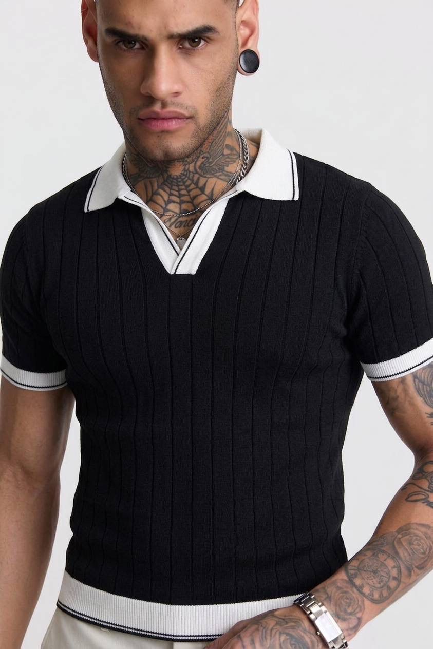 Apaş Yaka Triko Polo - Siyah