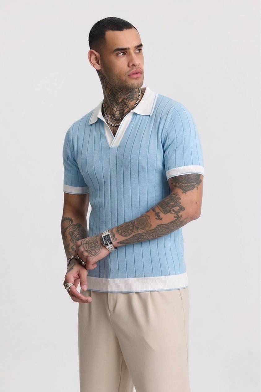 Apaş Yaka Triko Polo - Mavi